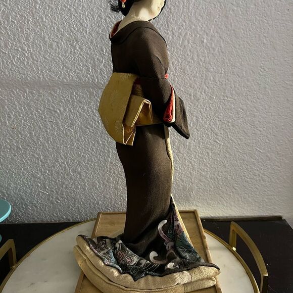 Vintage Geisha Doll Japanese Red Yellow Obi Sash Brown Tan Kimono 15.5” 70’s EUC - Picture 9 of 9